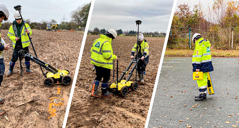 Survey crew detecting underground utilities with Leica DSX, combined with Leica GS18, in the field.